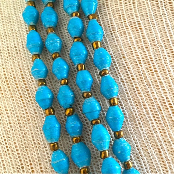 TENG YUE 80’s Newspaper Bead Turquoise & Gold Vintage Necklace - Picture 4 of 10